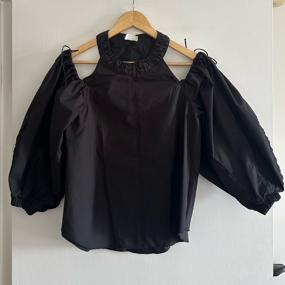 Jonathan Simkhai Black Designer Off Shoulder Cut Out Balloon Sleeve Josie Blouse - Picture 6 of 12